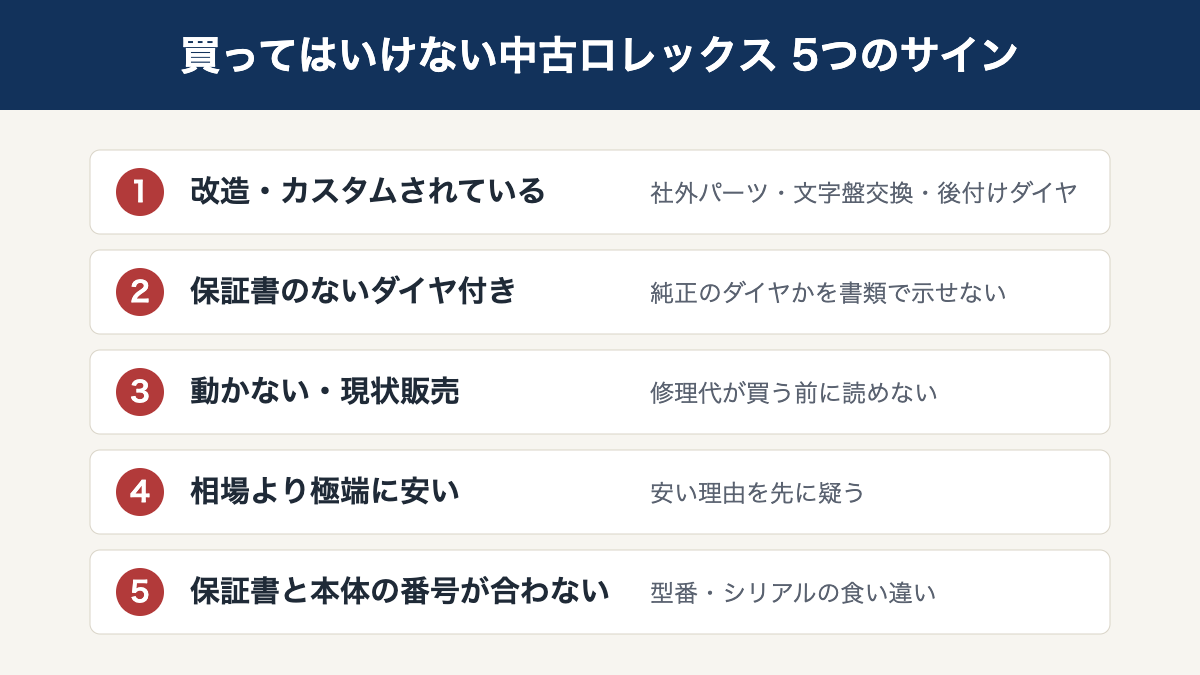 買ってはいけない中古ロレックス 5つのサイン（改造品・保証書のないダイヤ付き・動かない個体・極端に安い個体・番号が合わない個体）